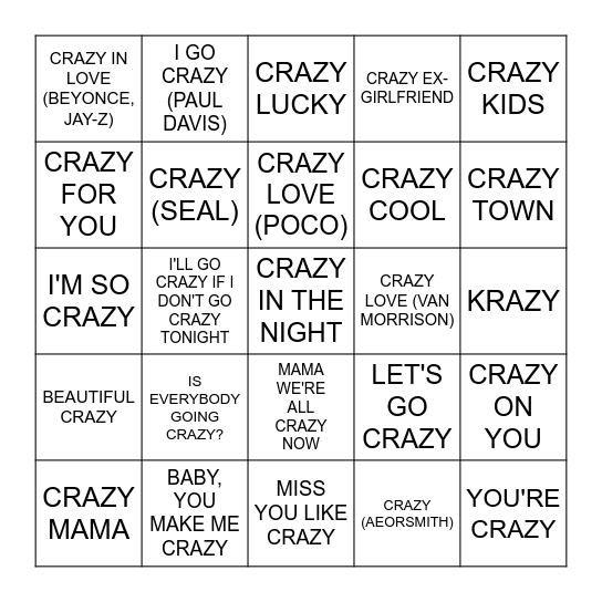 GOIN' CRAZY Bingo Card