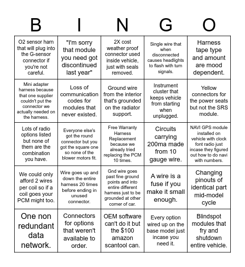 Ford Wire Harness Design Bingo Card