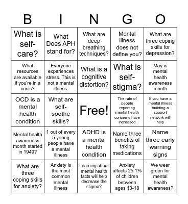 Mental Health Facts Bingo Card