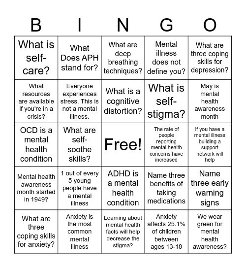 Mental Health Facts Bingo Card