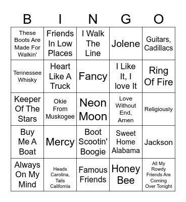 Country Music Singo Bingo Card