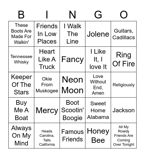 Country Music Singo Bingo Card