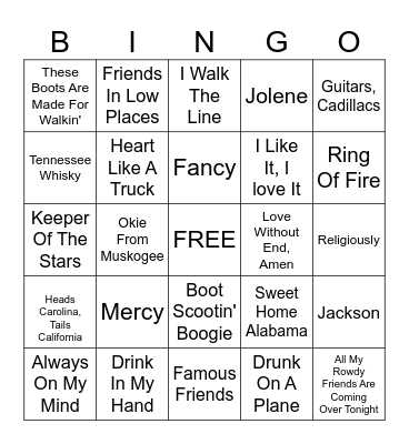 Country Music Singo Bingo Card