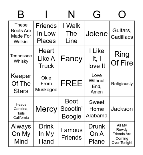 Country Music Singo Bingo Card