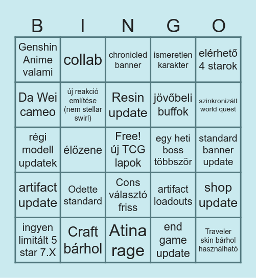 Genshin Impact 7.0 Special Program Bingo Card
