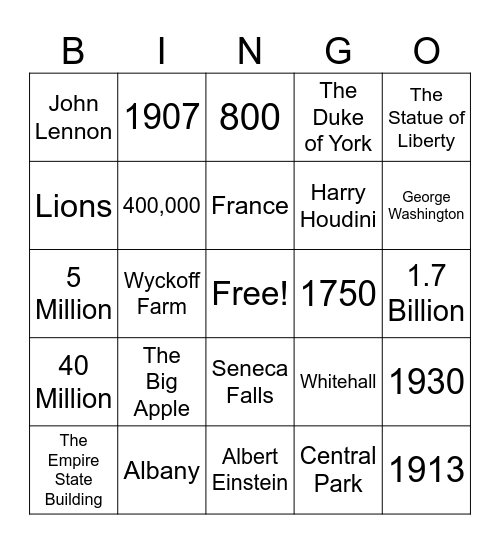New York Trivia Bingo Card