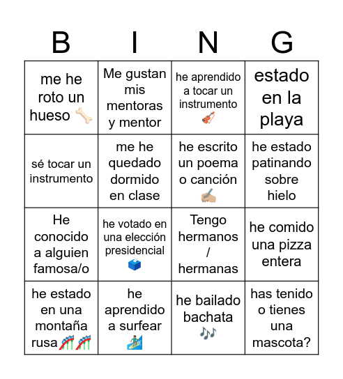 YO NUNCA NUNCA Bingo Card