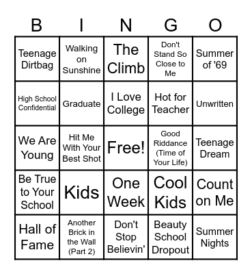 Back to School Songs Bingo Card