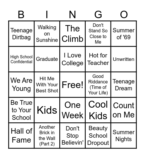 Back to School Songs Bingo Card