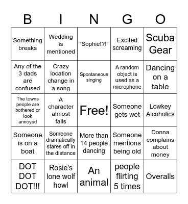 Mamma Mia Movie Bingo Card