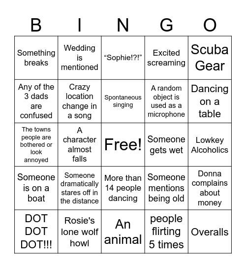 Mamma Mia Movie Bingo Card