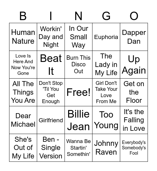 MJ Music Bingo R2 Bingo Card