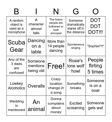 Mamma Mia Movie Bingo Card