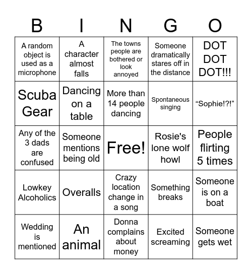 Mamma Mia Movie Bingo Card