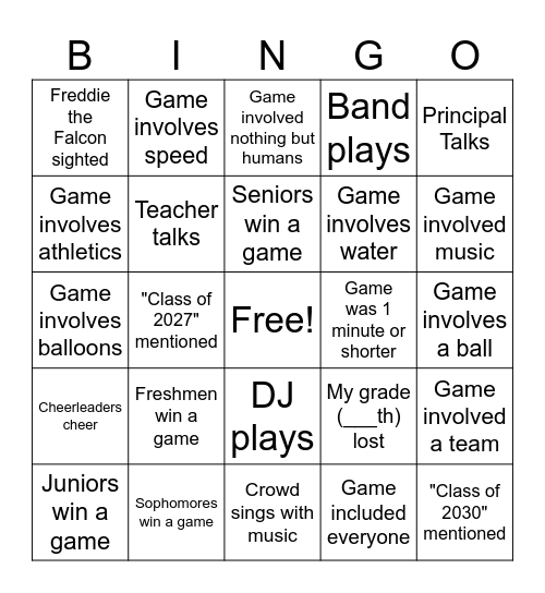 TR Pep Rally Bingo Card