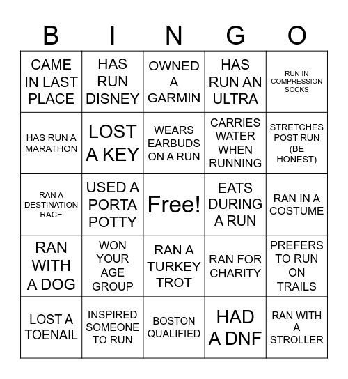 RUNNER BINGO Card
