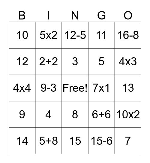 Ready, Set, Math! Bingo Card