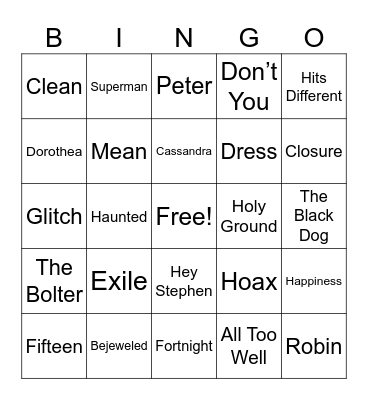 TAYLOR SWIFT SONGS Bingo Card