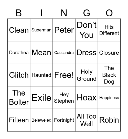 TAYLOR SWIFT SONGS Bingo Card