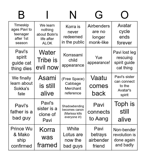 Avatar: The Seven Havens Bingo Card