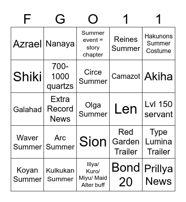 FGO 11 Anni Bingo Card
