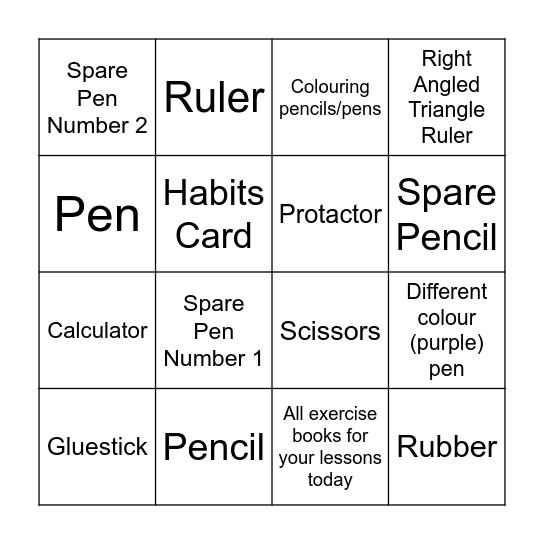 Equipment Check Bingo Card