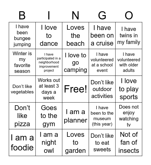 Getting to Know You Bingo Card