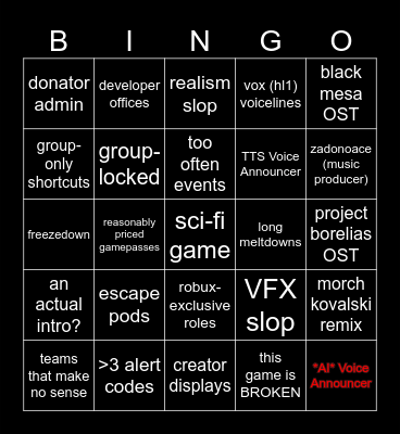 Reactor Core Game Bingo Card