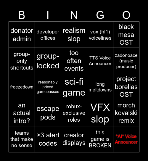 Reactor Core Game Bingo Card