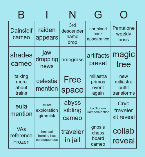 7.0 livestream Bingo Card