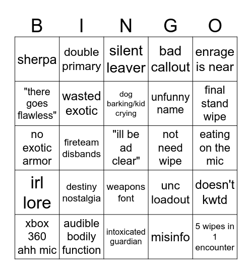 LFG Bingo Card