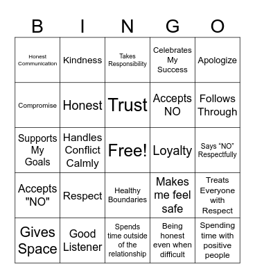 Healthy Relationships Bingo Card