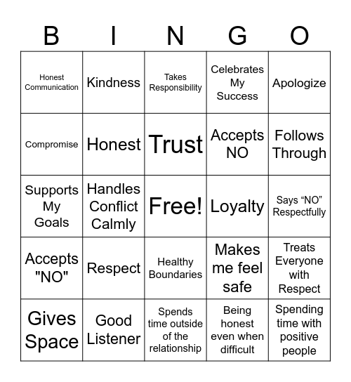 Healthy Relationships Bingo Card