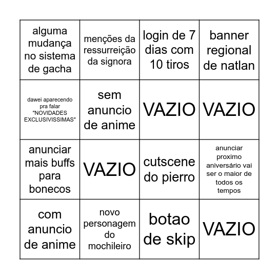 bingo 7.0 do genshin Bingo Card