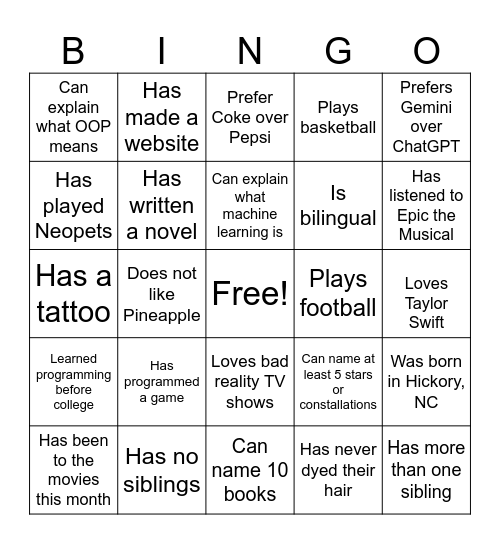 Icebreaker Bingo Card