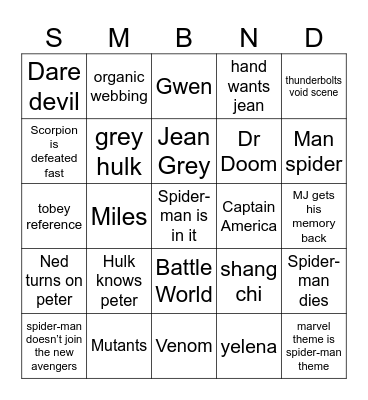 Spider-man Brand New Day Bingo Card