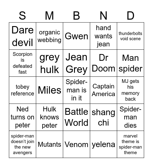 Spider-man Brand New Day Bingo Card