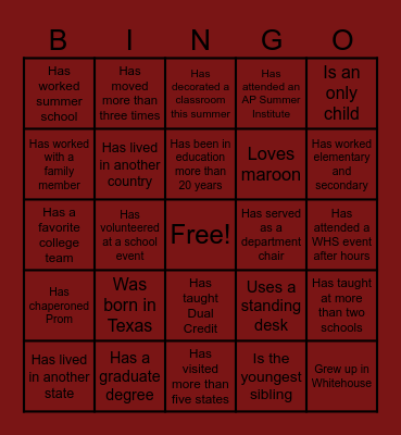 WHS STAFF BINGO Card