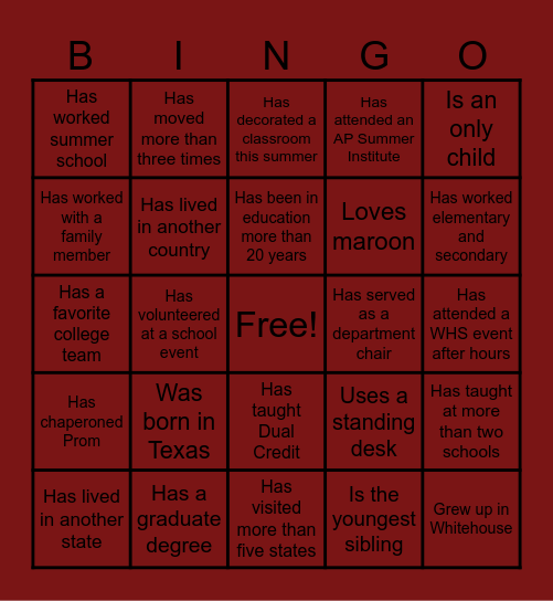 WHS STAFF BINGO Card