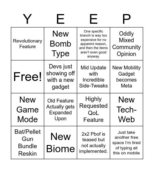 Yeeps Update Bingo Card Bingo Card
