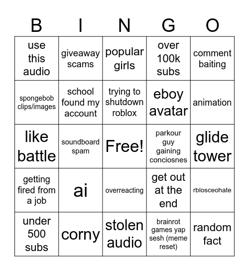 roblox rant bingo Card