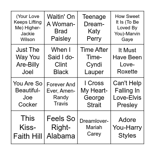 Love Songs Bingo Card