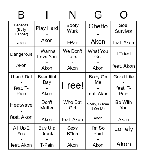 Akon vs. T-Pain Bingo Card