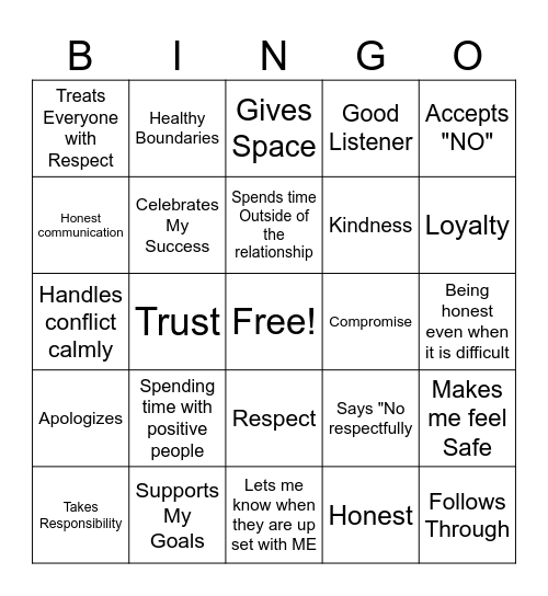 Healthy relationships Bingo Card