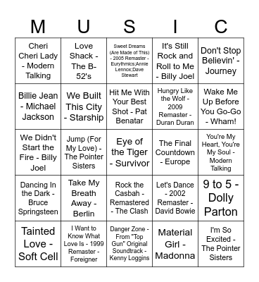 80's Music Bingo Card