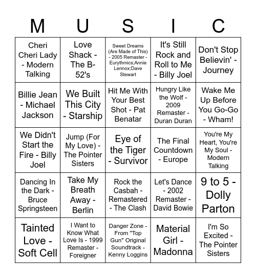 80's Music Bingo Card
