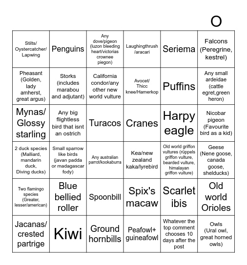 Birds Bingo Card