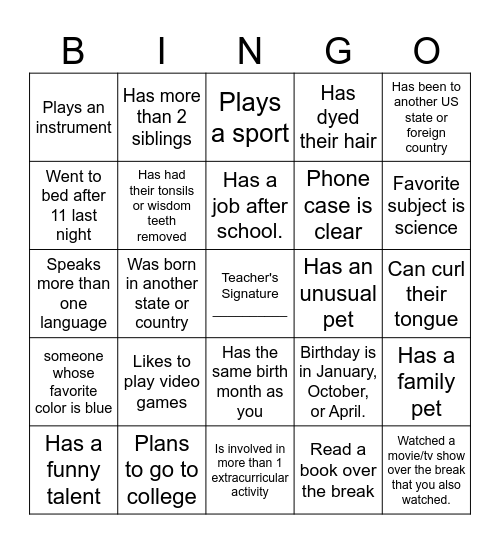 Getting to Know You Bingo Card