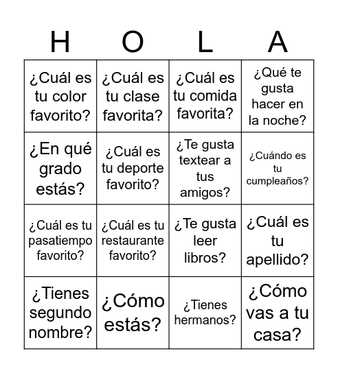 PREGUNTAS EN ESPAÑOL Bingo Card