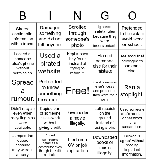 Unethical Bingo Card